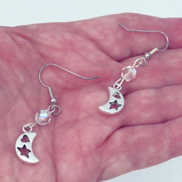 Handmade Silver Toned Crescent Moon Dangle Earrings, Moon Lover Gift for Women - Picture 8 of 8